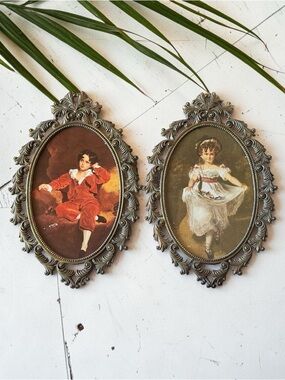 Vintage Made in Italy Florentine Oval Frames Set of 2 Red Boy Miss Murray Prints